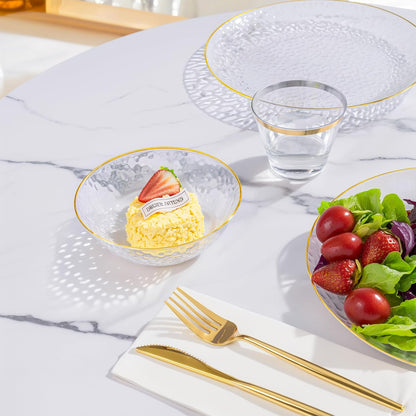 I00000 30 Pack 12 Ounce Pink Plastic Bowls Hammered Clear Bowl with Gold Rimmed, Heavy Duty Disposable Bowl Set,Elegant Salad/Dessert/Ice Cream Small Bowls for Party Weddings