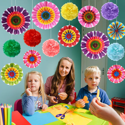 Outus 21 Pcs Spring Flower Hanging Paper Fans Flower Paper Fans Classroom Decorations Springtime Summer Tissue Pom Poms for Ceiling Wedding Birthday Party Supply Classroom Decor(Spring Flower)