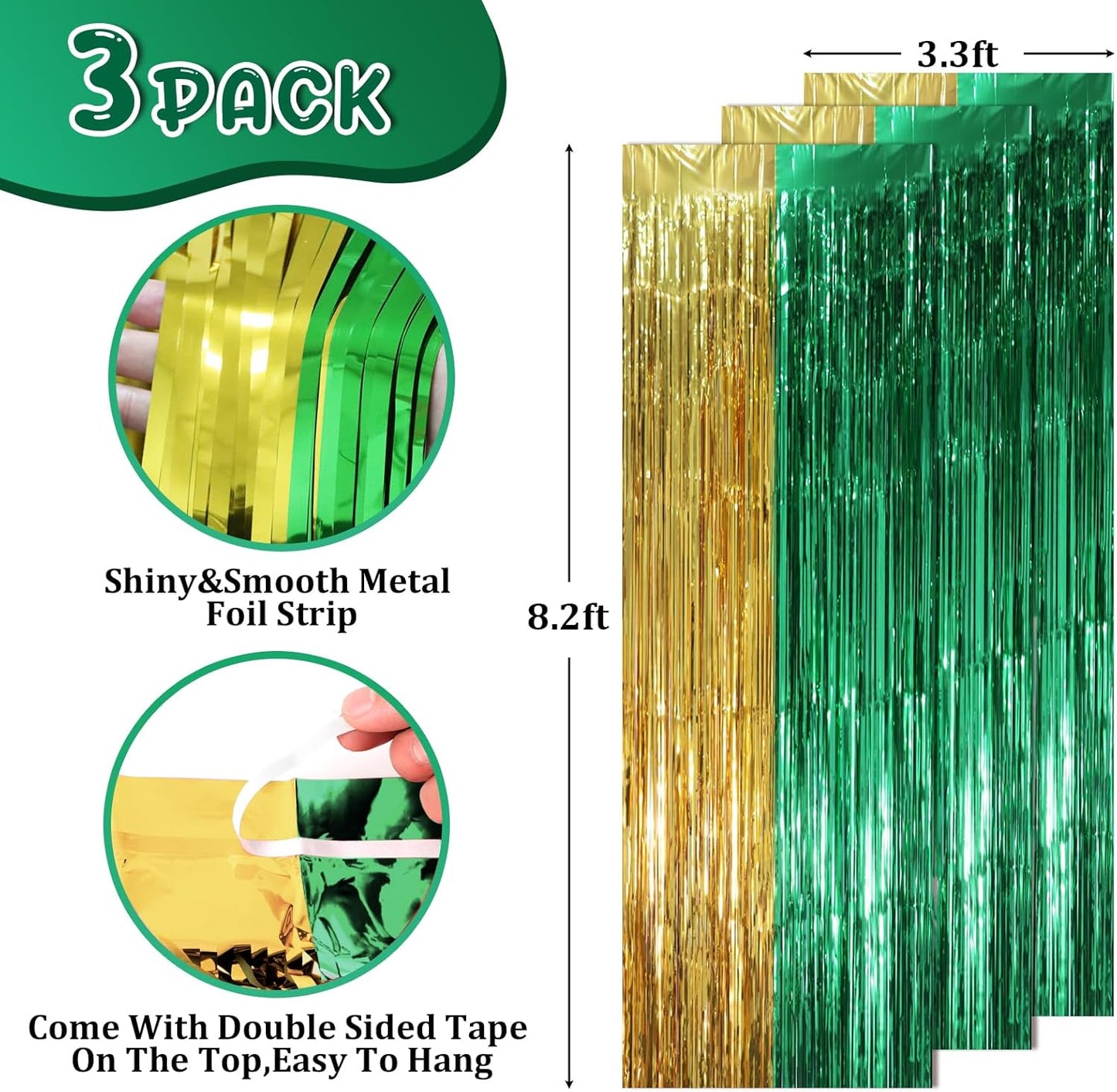 Voircoloria 3 Pack 3.3x8.2 Feet Gold Foil Fringe Backdrop Curtains, Tinsel Streamers, Fringe Backdrop for 2025 New Years Eve, Graduation, Birthday, Baby Shower, Gender Reveal, Disco Party - Colors A