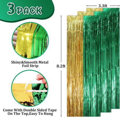 Voircoloria 3 Pack 3.3x8.2 Feet Gold Foil Fringe Backdrop Curtains, Tinsel Streamers, Fringe Backdrop for 2025 New Years Eve, Graduation, Birthday, Baby Shower, Gender Reveal, Disco Party - Colors A