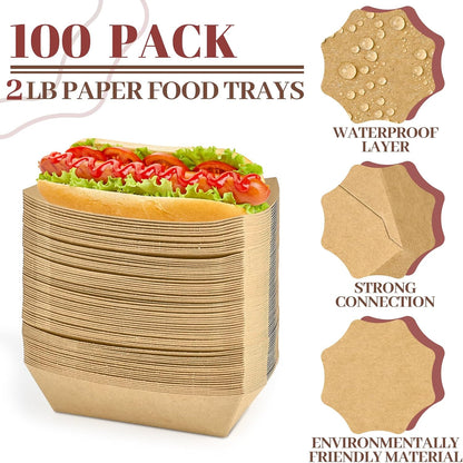 Ocmoiy 1lb Paper Food Trays, 100 Pack Heavy Duty Kraft Food Boats Holders Disposable Serving Basket Trays for Nachos, Fries, BBQ, Festivals, Party