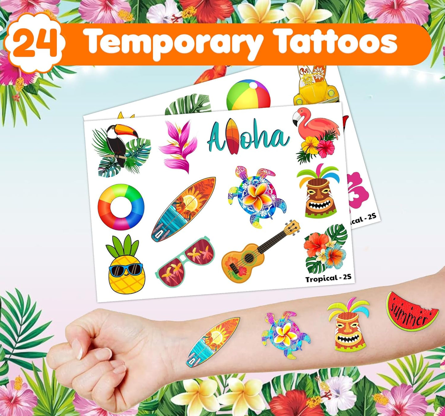 Cherisnowy 48PCS Hawaiian Party Set - 24PCS Temporary Tattoos & 24PCS Slap Bracelets - Summer-Themed Birthday Supplies, Baby Shower Gifts, Classroom Rewards & Party Decor for Kids (Boys & Girls)