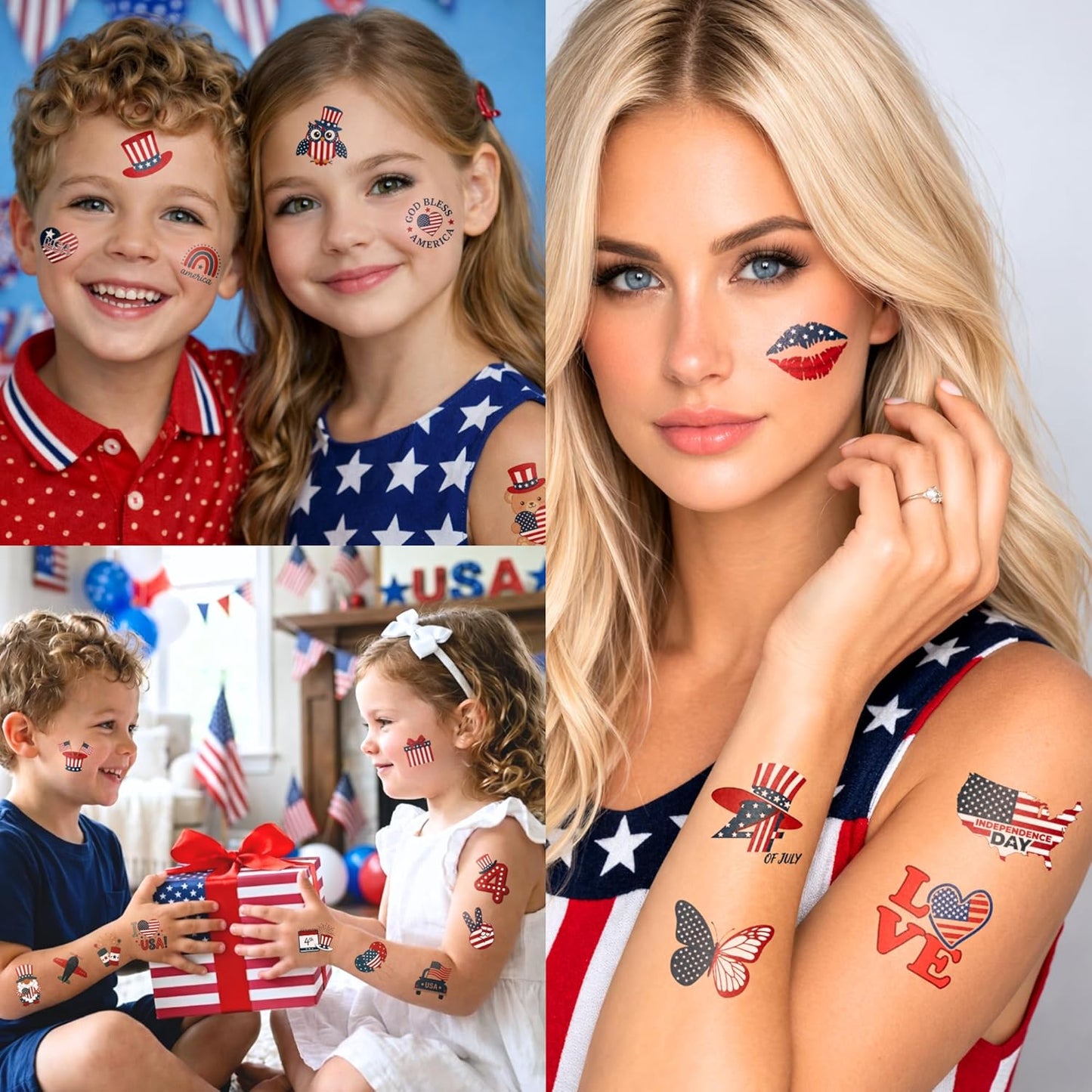 4th of July Temporary Tattoos - 105 PCS USA stickers Fourth of July Party Favors Supplies Decorations Patriotic Accessories Memorial Labor Independence Day Red White Blue American Flag