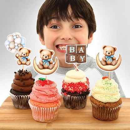 36Pcs Blue Baby Bear Cupcake Toppers Balloon Teddy Bears Cupcake Picks for Blue Baby Shower Gender Reveal Boys Bearly Birthday Cupcake Decorations We Can Bearly Wait Party Decorations Supplies