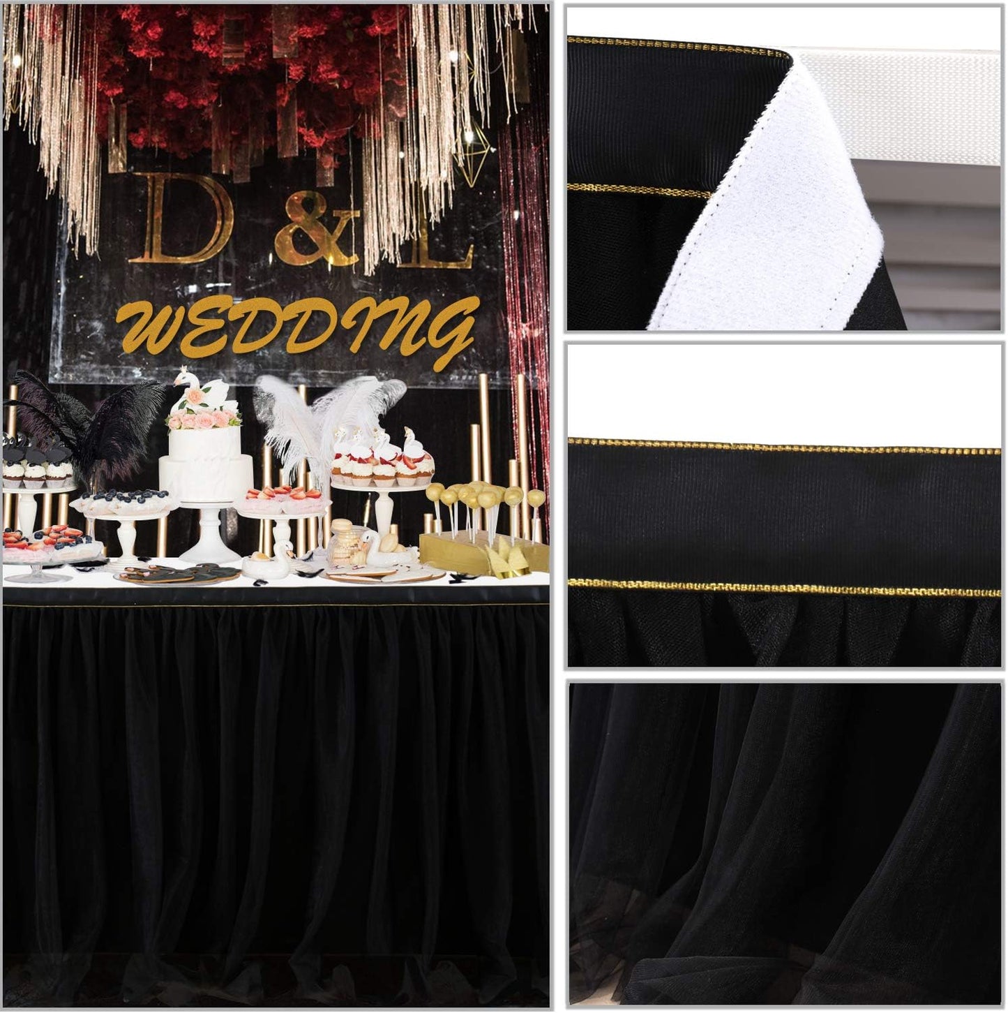 72inch Champagne Gold Tulle Table Skirts for Rectangle Round Tables, Gold Grim Ruffle Tulle Tutu Cloth Table Skirt 6ft for Wedding Birthday Party Cake Dessert Decor(No Top Cover)