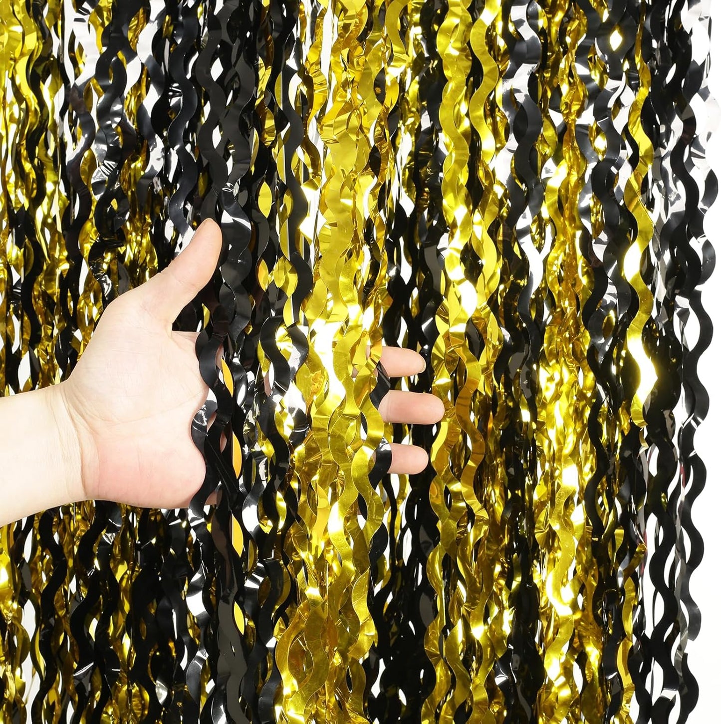 4 Pack Wavy Champagne Gold Metallic Tinsel Foil Fringe Curtains Backdrop - 3.3X6.6ft Foil Fringe Backdrop for Parties | Door Streamers for Birthday | Photo Booth Backdrops Party Decor