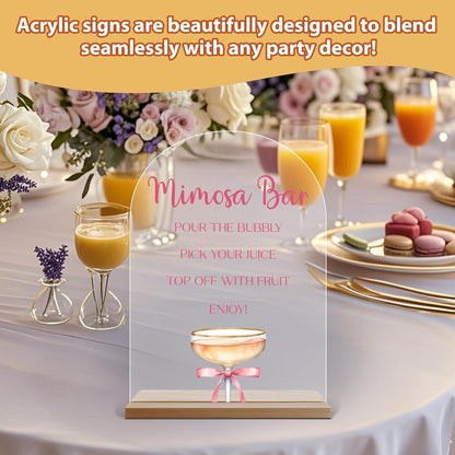 Acrylic Arch Mimosa Bar Sign, Pink Bow Champagne Acrylic Mimosa Bar With Base Supplies For Baby Shower Bridal Shower, Birthday, Bachelorette Engagement Party, Welcome Sign For Table Party -A14