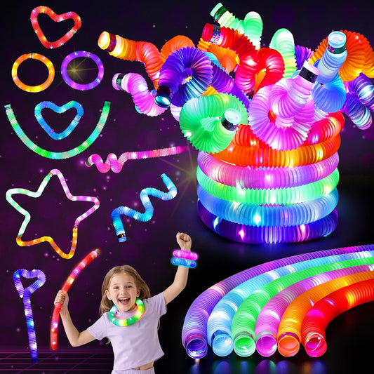 LovesTown 24PCS Light Up Glow Sticks Pop Tubes for Party Favor, Glow in the Dark Party Favor Supplies for Kids Supplies, Light Up Necklace Bracelet Accessories for Boys Girls Birthday