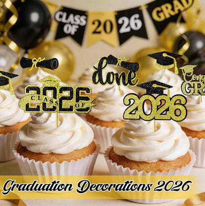 Graduation Decorations 2026 Cupcake Toppers, 36 Pcs Black & Gold Glitter Cap & Diploma Class of 2026 Cake Topper, Cake Picks & Toppers for Congrats Grad Party Decor Supplies