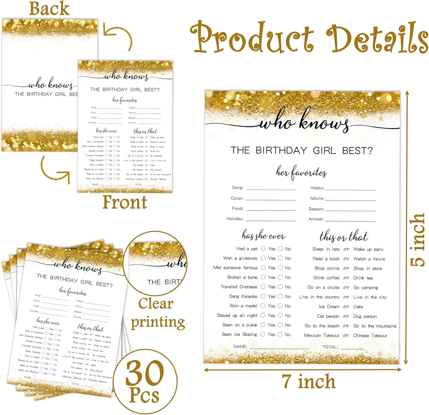 Gold Glitter Birthday Party Game Cards Set, Ever or Never, for Girl Birthdays Supplies, Activity Decorations Double Sided Set of 30 Pcs