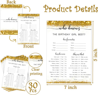 Gold Glitter Birthday Party Game Cards Set, Ever or Never, for Girl Birthdays Supplies, Activity Decorations Double Sided Set of 30 Pcs
