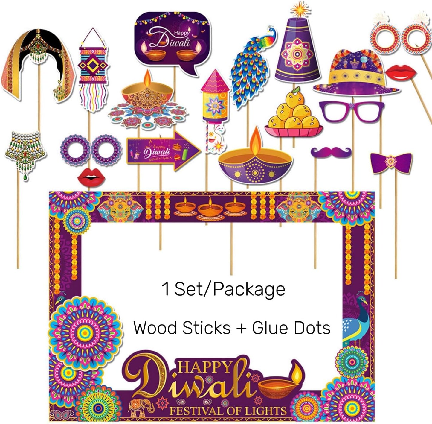 KYMY Happy Diwali Party Photo Booth Props Set, 1pc Deepavali Rangoli Selfie Frame with 20pcs Photo Booth Props, India Festival of Lights Party Favors for Hindu Diwali Themed Decorations Supplies