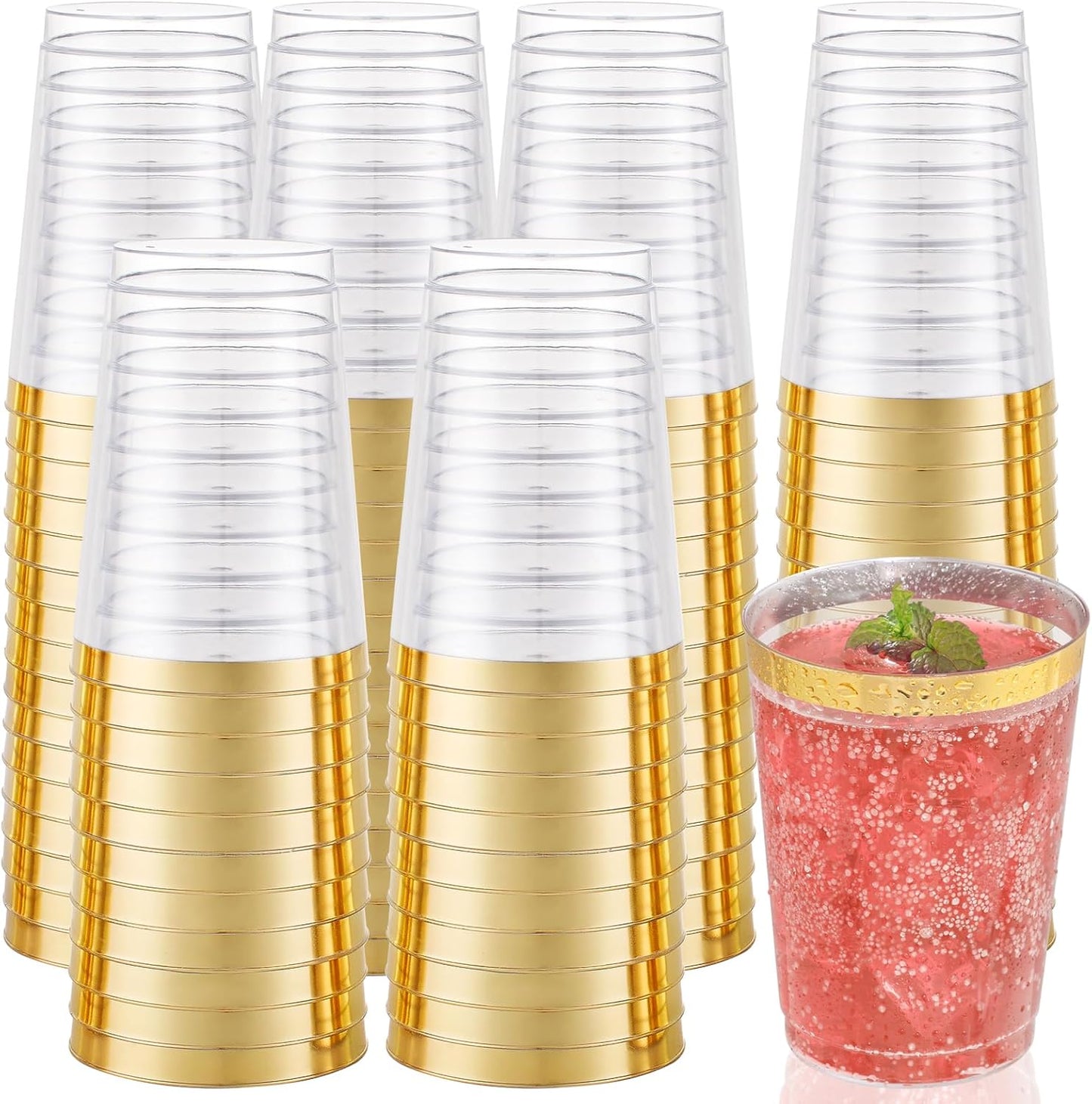 I00000 100 Pack 12 oz Gold Plastic Cups, Gold Rimmed Disposable Cups, Disposable Wine Glasses Cocktail Glasses Premium Cup with Golden Rim, 12 Ounce Plastic Tumblers for Party & Wedding
