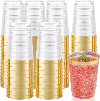 I00000 100 Pack 12 oz Gold Plastic Cups, Gold Rimmed Disposable Cups, Disposable Wine Glasses Cocktail Glasses Premium Cup with Golden Rim, 12 Ounce Plastic Tumblers for Party & Wedding