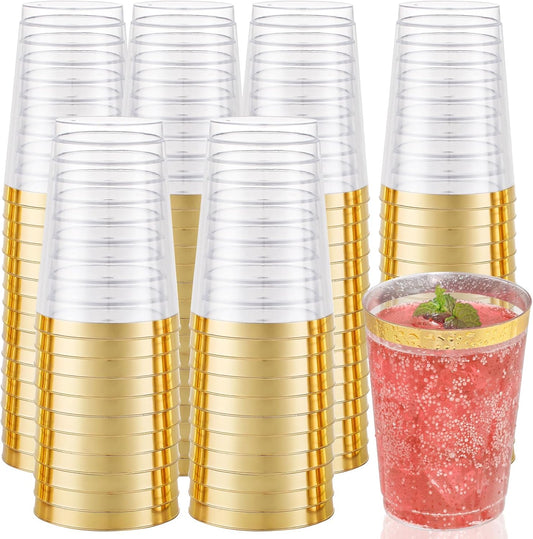 I00000 100 Pack 12 oz Gold Plastic Cups, Gold Rimmed Disposable Cups, Disposable Wine Glasses Cocktail Glasses Premium Cup with Golden Rim, 12 Ounce Plastic Tumblers for Party & Wedding