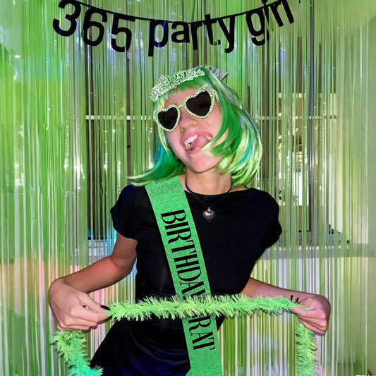 KICOSY 3PCS Green Birthday Brat Set - Sash, Sunglasses & Crown for Birthday Party, Photo Shoots & Outings