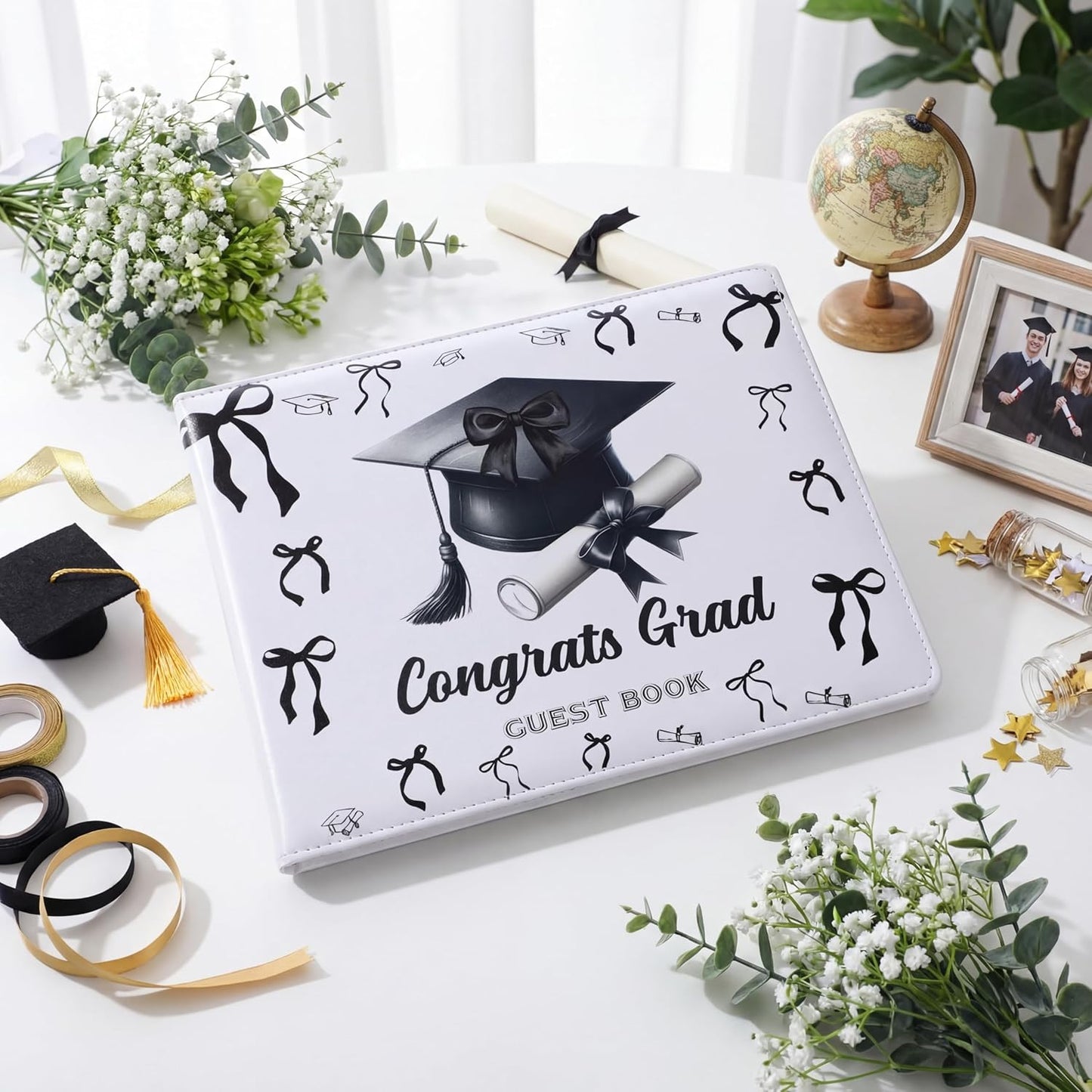 Patelai Pink Bow Graduation Guest Book Class of 2026 Party Decorations Leather Graduation Guest Signature Party Sign Gift with Pen, 112 Pages (Congrats Grad)