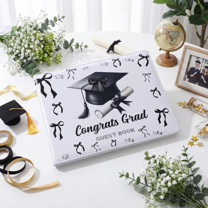Patelai Pink Bow Graduation Guest Book Class of 2026 Party Decorations Leather Graduation Guest Signature Party Sign Gift with Pen, 112 Pages (Congrats Grad)