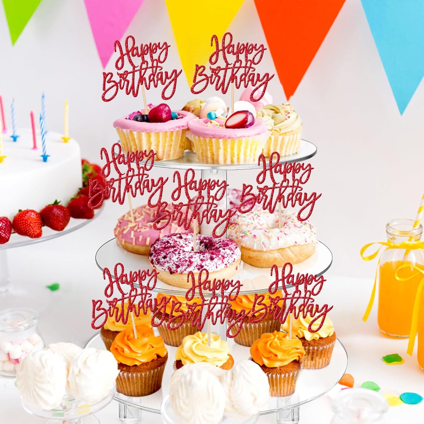 24 PCS Happy Birthday Cupcake Toppers Glitter Picks for Celebrating Anniversary Theme Party Cake Decorations Supplies Gold