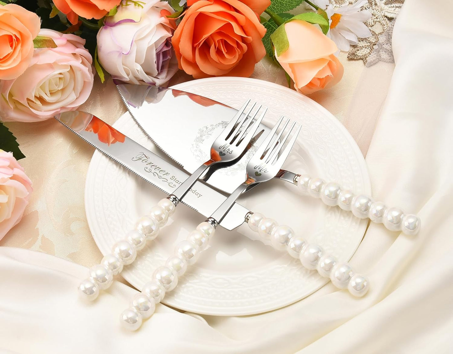 Wedding Cake Knife and Server Set, Gold Ceramic Pearl Handle Cake Cutting Set for Weddings, Engagements, Anniversaries, and Engagement Gifts for Couples