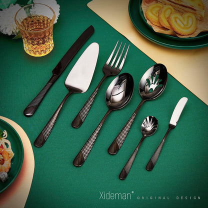 Xideman® 7-Piece Hammered 18/10 Stainless Steel Silverware Serving Utensil Set - Hostess Flatware with Cake Knife & Cake Server (Champagne Gold)