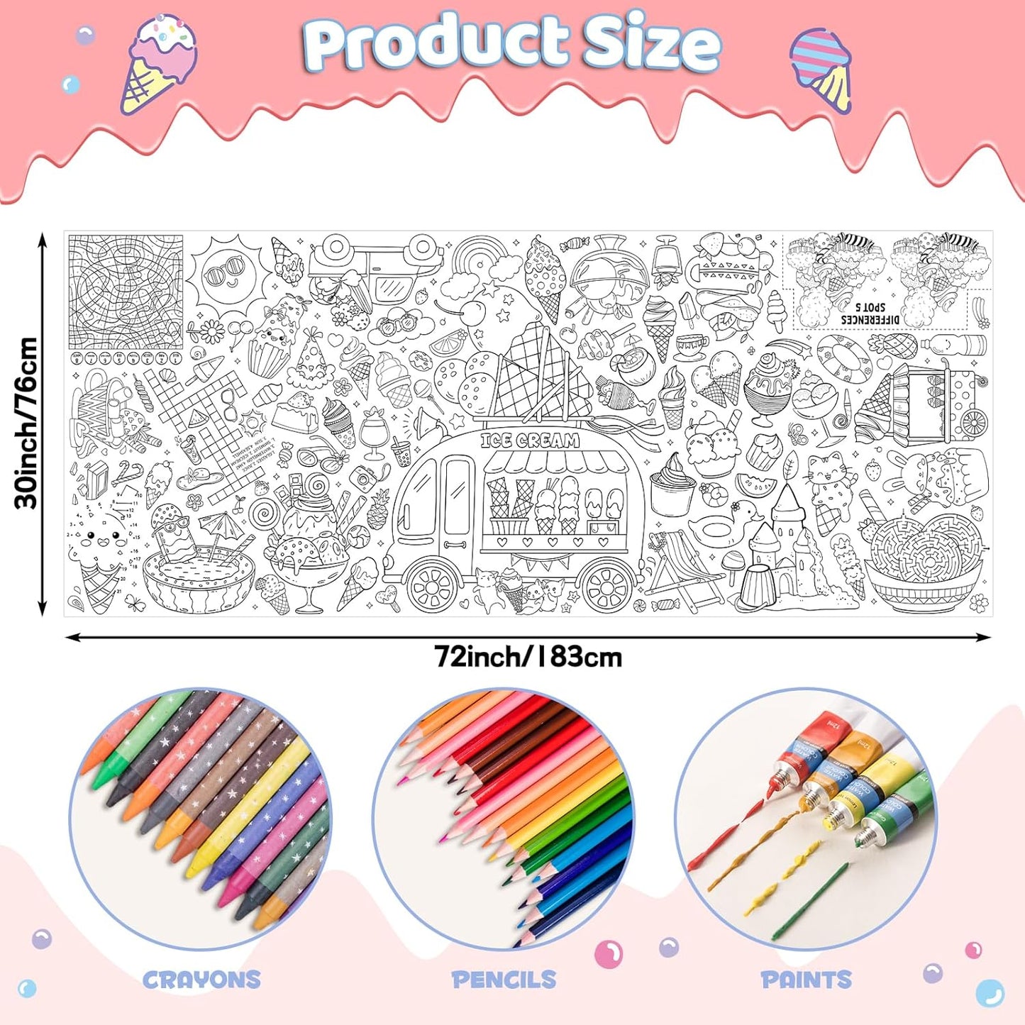 Happy Birthday Giant Coloring Poster/Tablecloth, 30 x 72 Inch Birthday Craft for Kids Art Crafts Paper Banner Kid Games Activities,Coloring Tablecloth Crafts for Classroom Wall School Home Parties