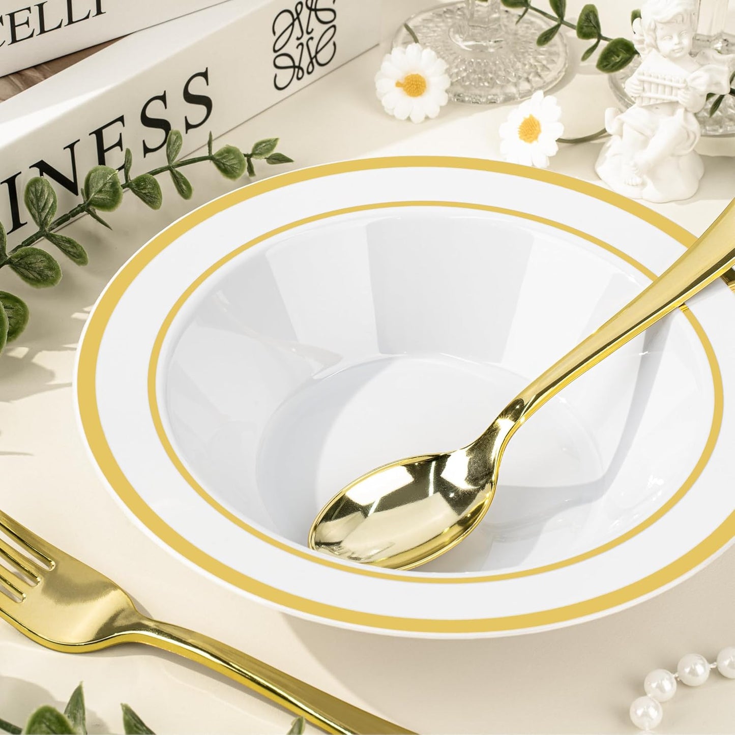 BESTVIP 100 Pack Plastic Bowls with Gold Rim, 12 oz Disposable Soup Bowls, Heavy-duty Dessert Salad Bowl for Party, Wedding, Christmas, Dinner, Catering