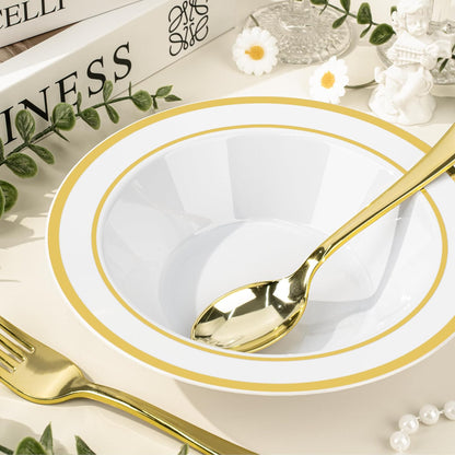 BESTVIP 100 Pack Plastic Bowls with Gold Rim, 12 oz Disposable Soup Bowls, Heavy-duty Dessert Salad Bowl for Party, Wedding, Christmas, Dinner, Catering