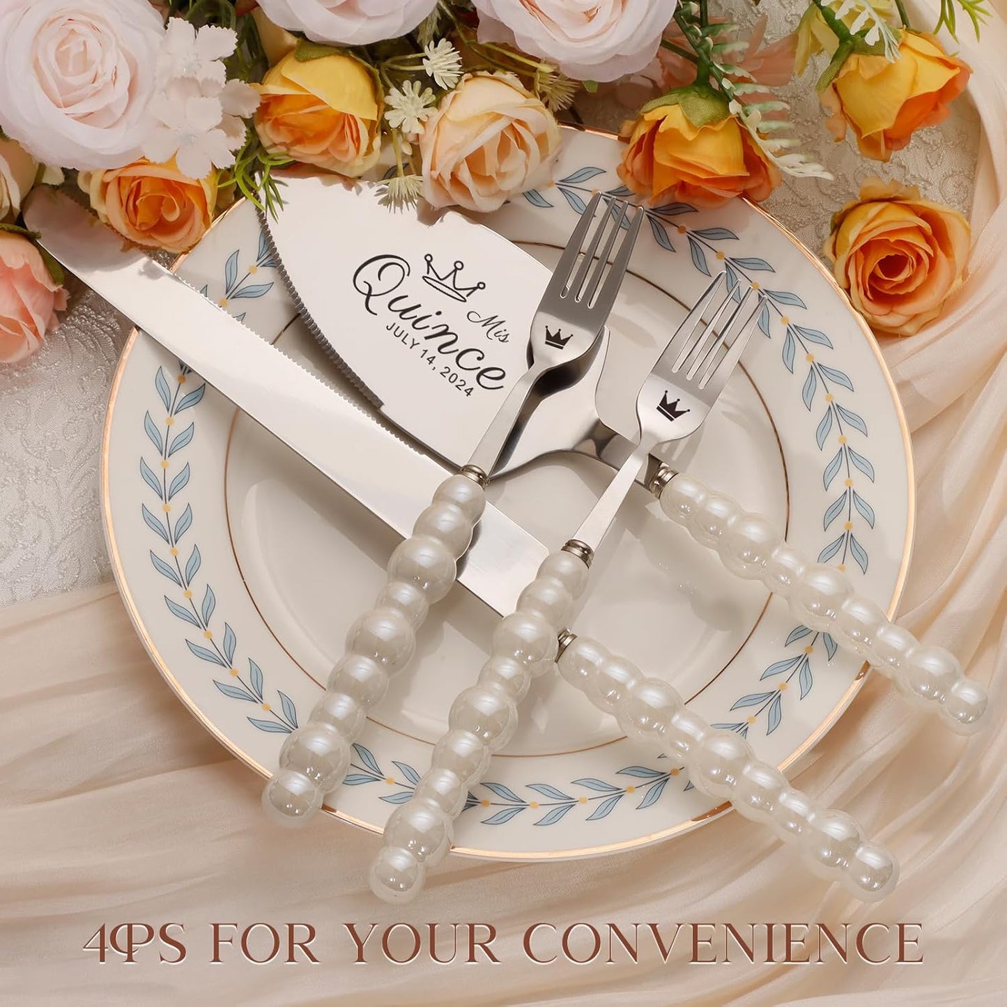 Pearl Wedding Cake Knife and Server Set with Forks, Cake Cutting Set with Stainless Steel Serrated Edges, Silver Pie Cutter Pizza Spatula, Gift for Bridal Couples Engagement (Mr & Mrs)