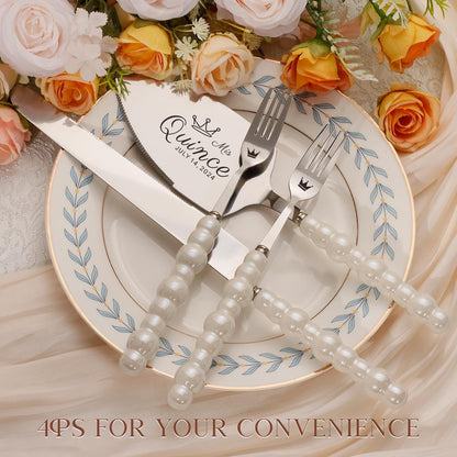 Pearl Wedding Cake Knife and Server Set with Forks, Cake Cutting Set with Stainless Steel Serrated Edges, Silver Pie Cutter Pizza Spatula, Gift for Bridal Couples Engagement (Mr & Mrs)