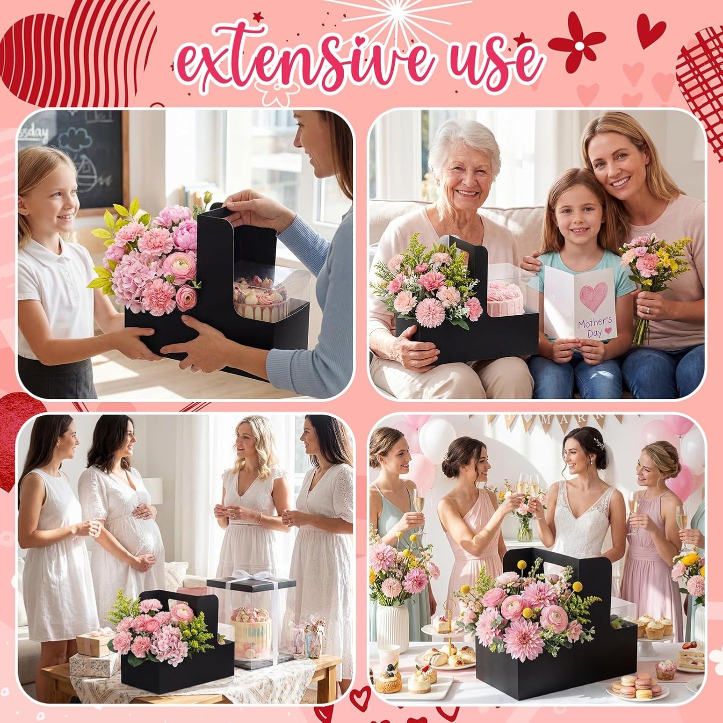 Qinyoung 12 Sets Mother's Day Flower Gift Box Cake Flower Gift Boxes with 12 Pcs Transparent PVC Cake Boxes Mother's Day Box for Teacher,Mom Wedding, Birthday Party(White,Classic,Blank)