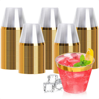 Goodluck 100PCS 9oz Gold Plastic Cups for Party, Disposable Gold Rim Cups, Plastic Cocktail Glasses for Wedding Thanksgiving, Christmas, and Parties