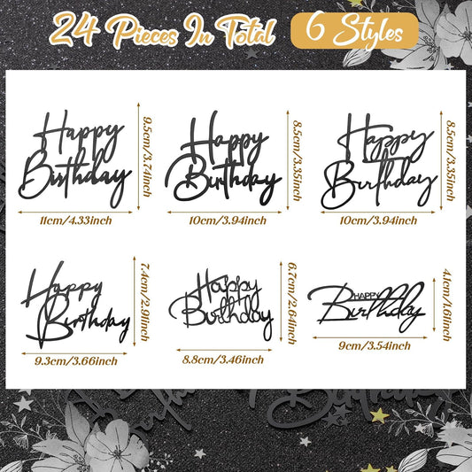 Barydat 24 Pieces Gold Happy Birthday Cake Toppers Mirror Acrylic Cupcake Topper Happy Birthday Sign for Cake Side Cupcake Decorations, 6 Styles