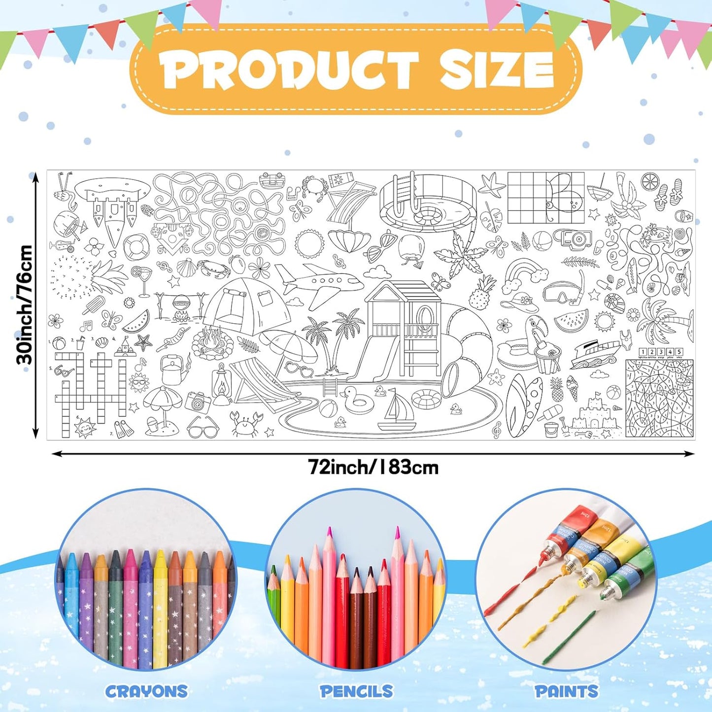 Happy Birthday Giant Coloring Poster/Tablecloth, 30 x 72 Inch Birthday Craft for Kids Art Crafts Paper Banner Kid Games Activities,Coloring Tablecloth Crafts for Classroom Wall School Home Parties