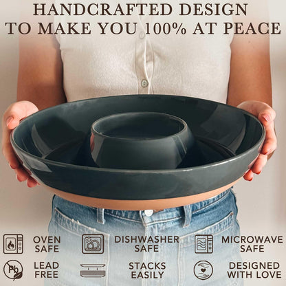 Mora Ceramic Chips and Dip Serving Tray: Large Divided Party Bowl Set for Chips & Salsa, Veggies & Dip, Fruit, Snacks, Entertaining, Hosting, etc. Minimalist Design for the Modern Hostess - White