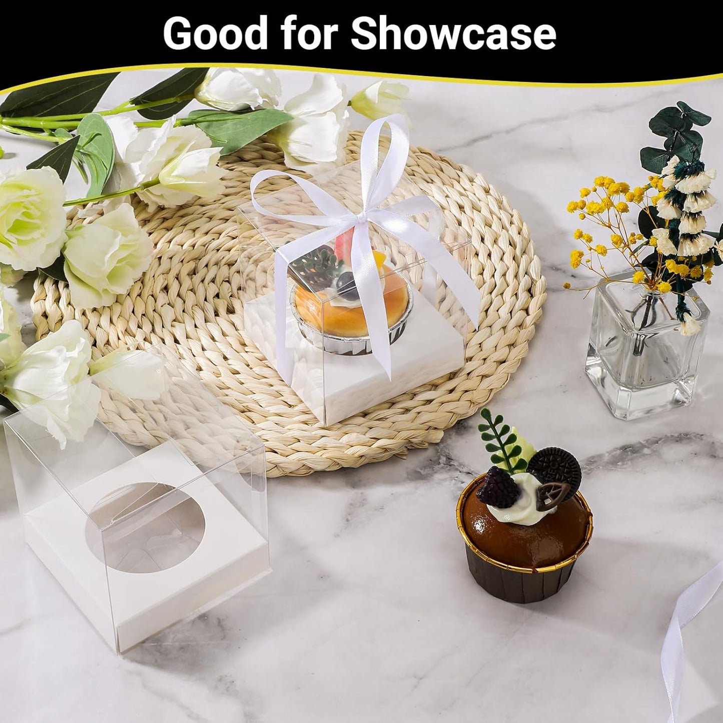 EUSOAR Individual Cupcake Holder, 50pcs 3.5 Inch Plastic Black Cupcake Containers with Lids, Single Transparent Display Clear Cupcake Carrier with Ribbon and Inserts for Wedding Party Favor