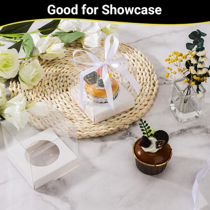 EUSOAR Individual Cupcake Holder, 50pcs 3.5 Inch Plastic Black Cupcake Containers with Lids, Single Transparent Display Clear Cupcake Carrier with Ribbon and Inserts for Wedding Party Favor