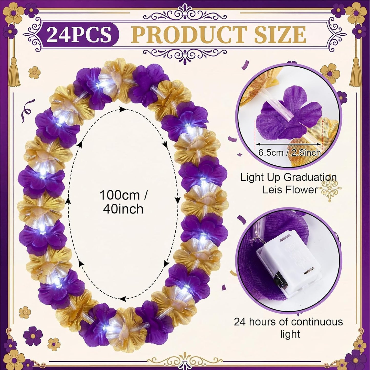 Sherr 24 Pcs LED Leis Light Up Purple and Gold Hawaiian Flower Necklaces, Graduation 2026 Party Supplies, Class of 2026 Leis for Beach Wedding Luau Glow Party Favors