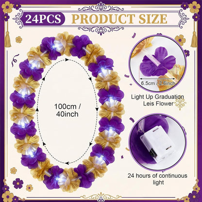 Sherr 24 Pcs LED Leis Light Up Purple and Gold Hawaiian Flower Necklaces, Graduation 2026 Party Supplies, Class of 2026 Leis for Beach Wedding Luau Glow Party Favors