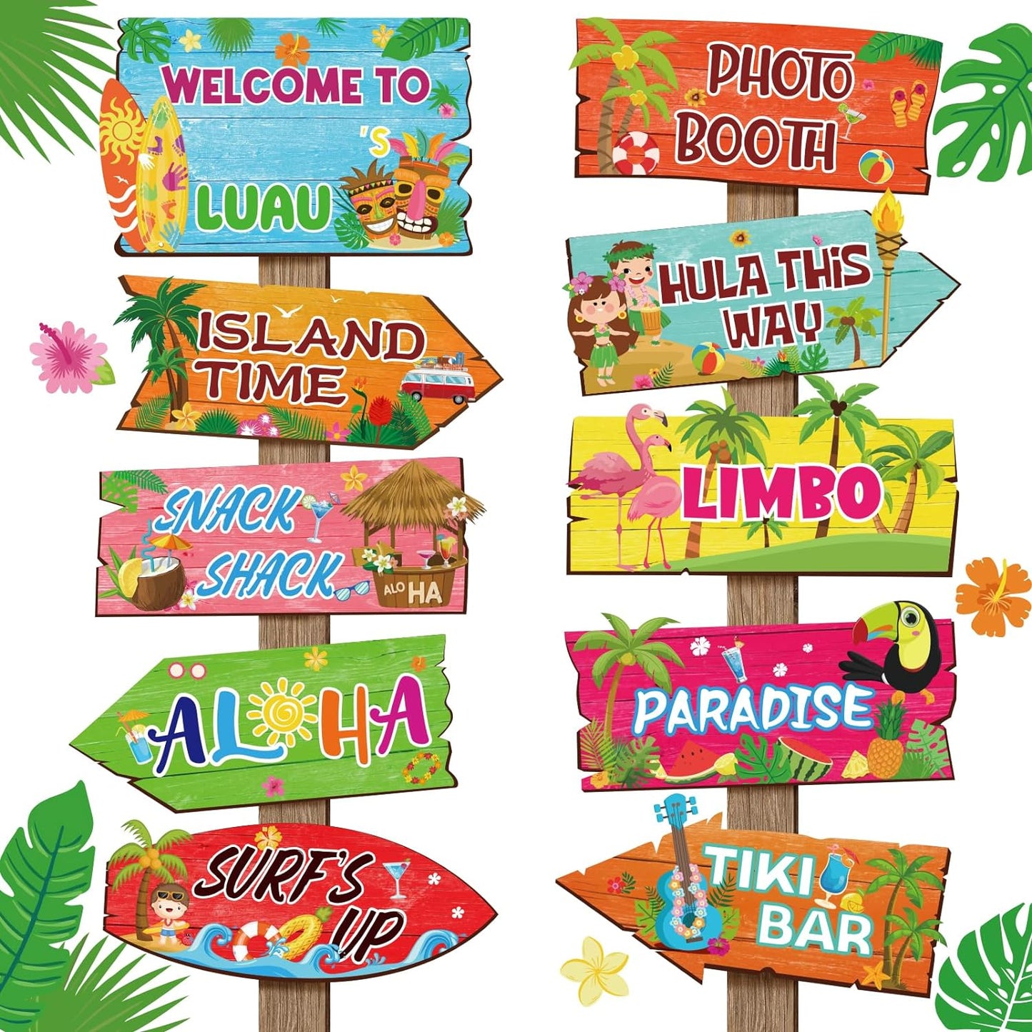20 Pcs Luau Party Decorations Welcome Sign Summer Hawaiian Directional Signs Tropical Hawaiian Themed Birthday Decorations Luau Tiki Party Supplies with 2 Sheet Letter Stickers