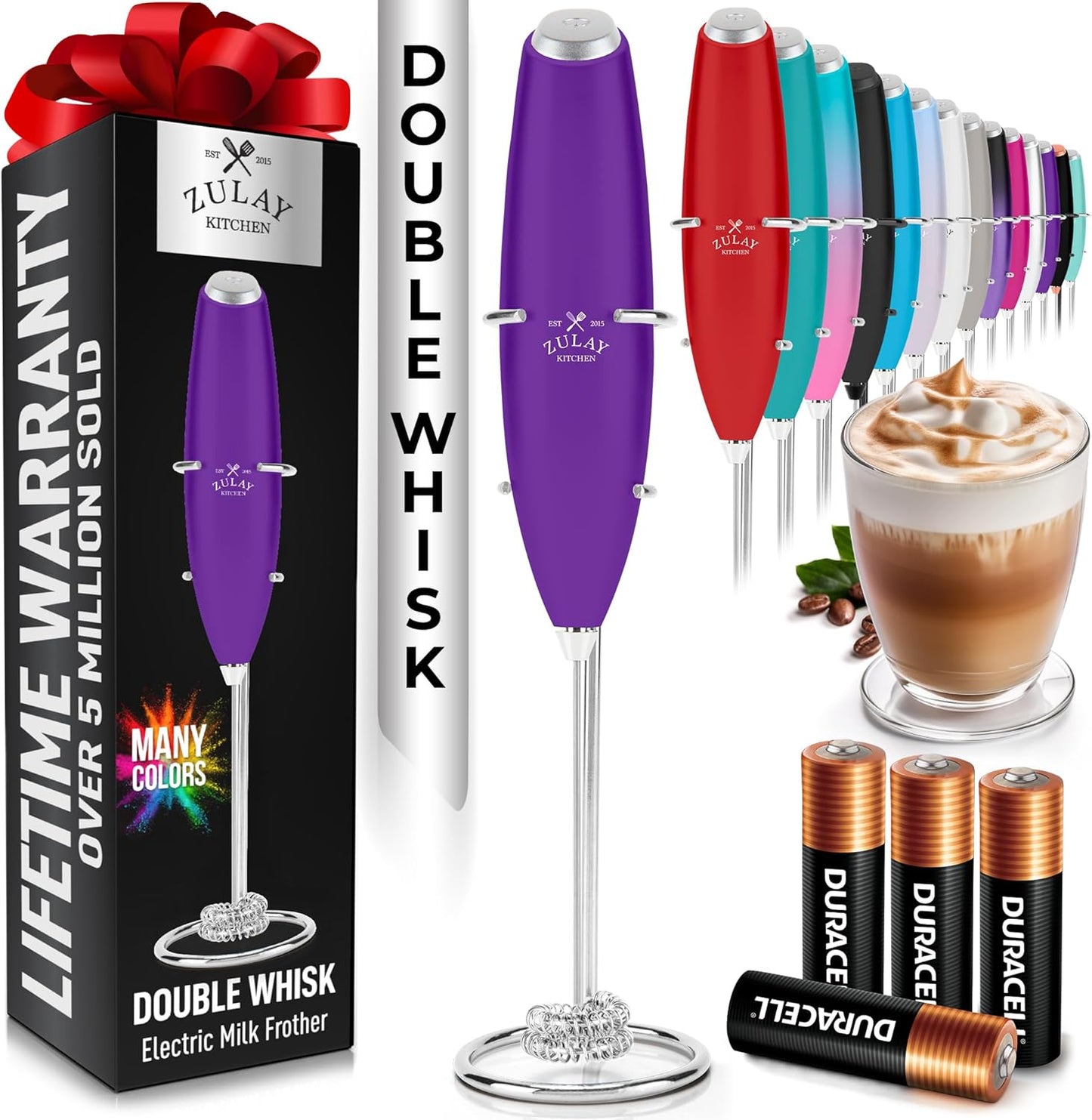 Zulay Kitchen Powerful Milk Frother Wand With Duracell Batteries - Ultra Fast Handheld Drink Mixer - Electric Whisk Foam Maker for Coffee, Lattes, Cappuccino & Matcha - Z1 Motor - Black - Colors C