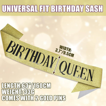 RUDONG M Birthday Queen Sash Glitter - Gold Birthday Sash for Women & Girls | Sweet 16/18th/21st/30th/40th/50th/60th/70th, All-Age Celebration Party Decor