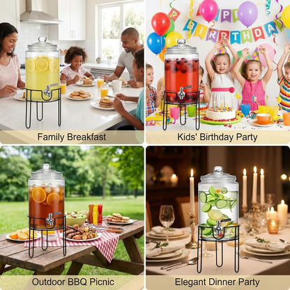 1 Gallon Glass Drink Dispenser Set of 2, Drink Dispensers for Parties, Beverage Dispenser with Stand, Glass Lid, 100% Leakproof Spigot, Ideal for Lemonade, Juice, Iced Tea, Laundry Detergent Dispenser