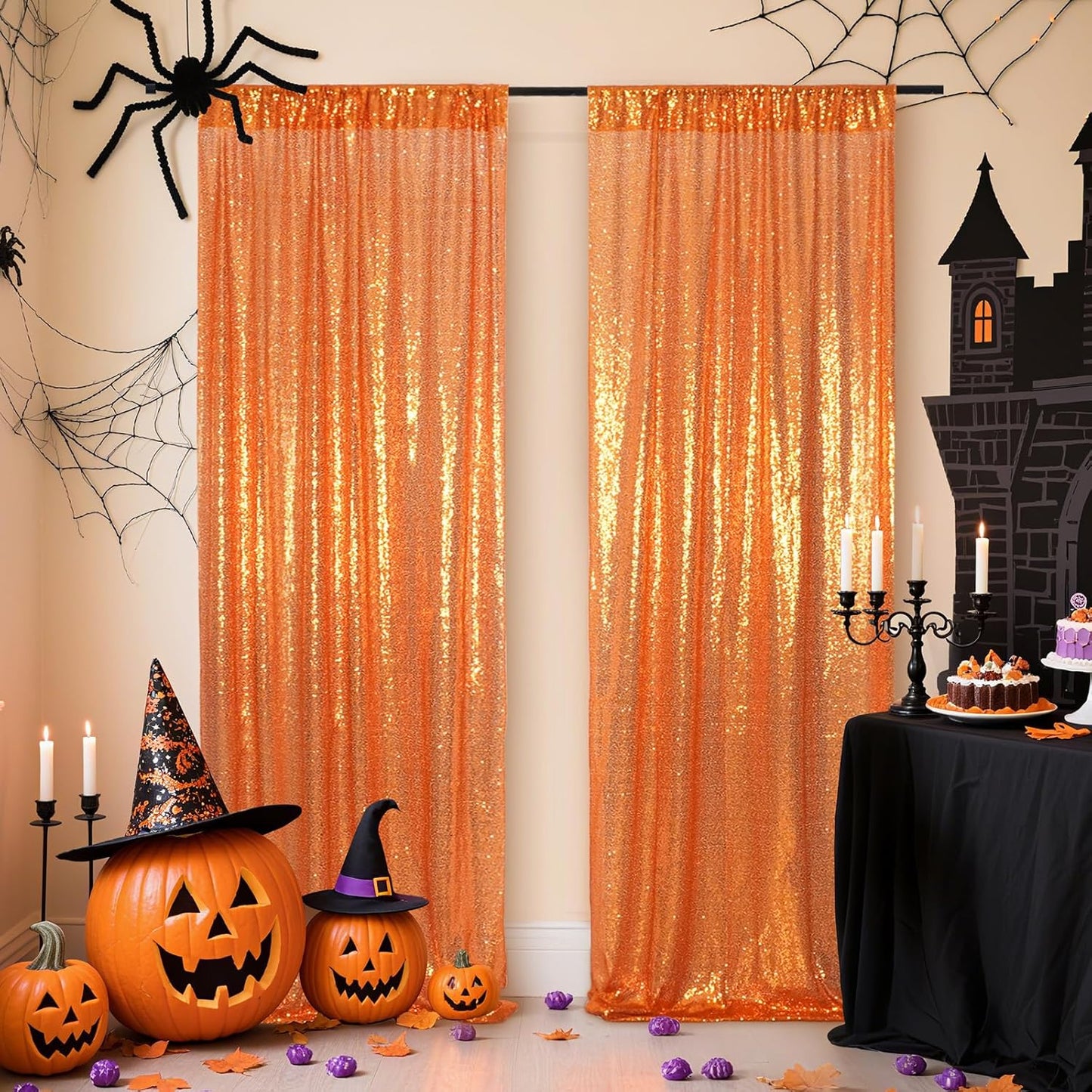 Poise3EHome Black Sequin Backdrop Curtains, 2 Panels 2FTx8FT Glitter Photo Booth Backdrop for Halloween Birthday Bachelorette Wednesday Twilight Party Decorations
