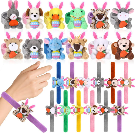 Blueweenly 24 Pcs Stuffed Animal Slap Bracelets Plush Animal Slap Bracelets Bulk for Kids Bunny Bear Dog Monkey Wristband Toys for Party Favors Birthday Supplies Basket Stuffers Classroom Prize Reward