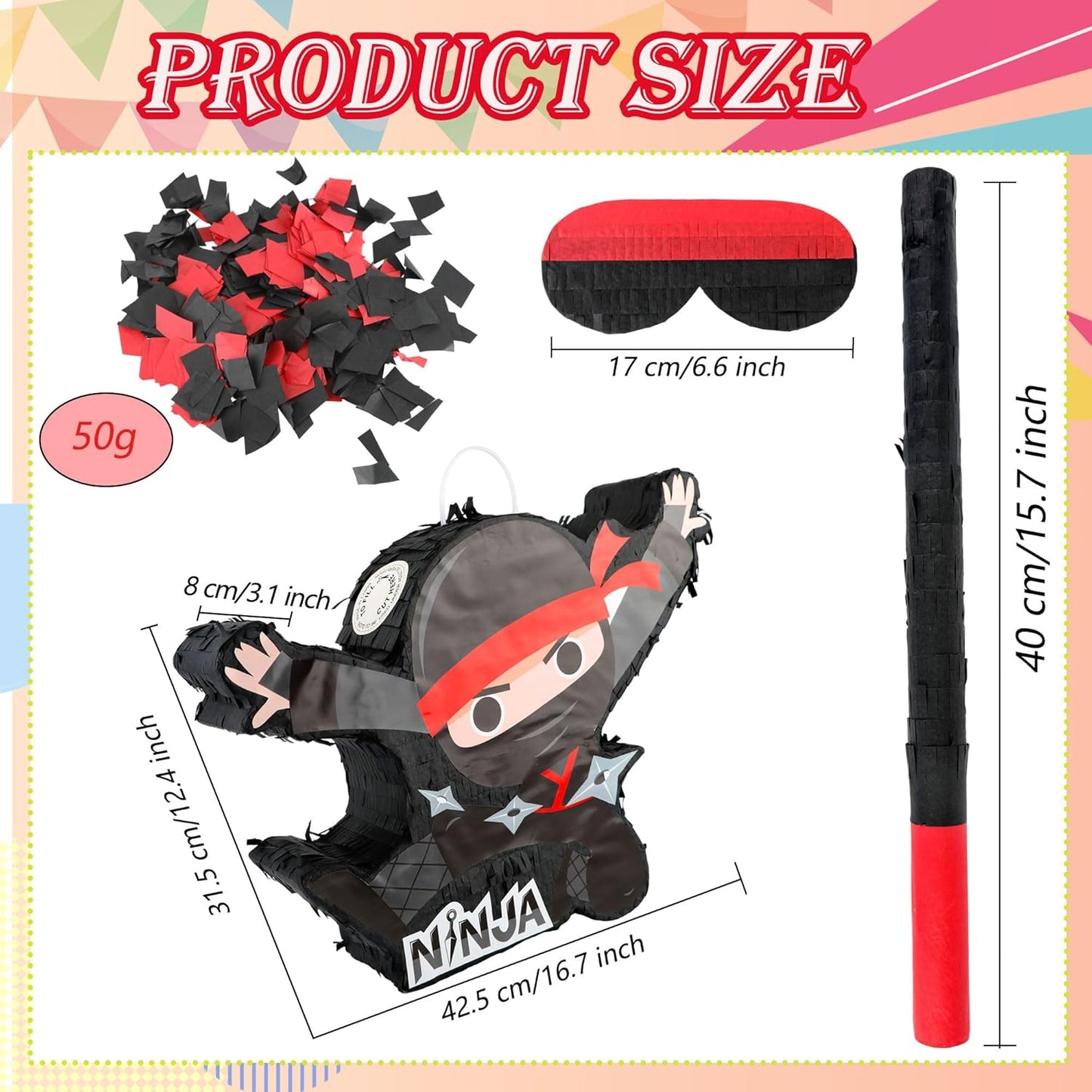 Ninja-Themed Piñata Black Ninja Pinata Bundle Paper Cool Warrior Design Pinata with Stick Blindfold Confetti for Birthday Party Decor Props