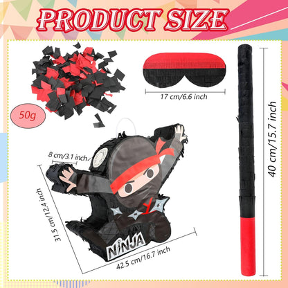 Ninja-Themed Piñata Black Ninja Pinata Bundle Paper Cool Warrior Design Pinata with Stick Blindfold Confetti for Birthday Party Decor Props