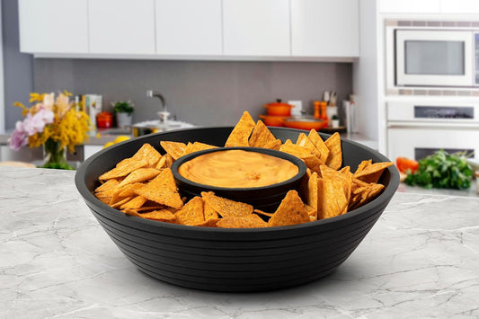 Wooden Black Chip and Dip Serving Set | Mango Wood 12" Large 2 in 1 Fruit Bowl for Kitchen Counter | Rustic Yet Modern Tray/Platter | Gifts for Home Decor (Black) | Gifts for Spring and Mothers