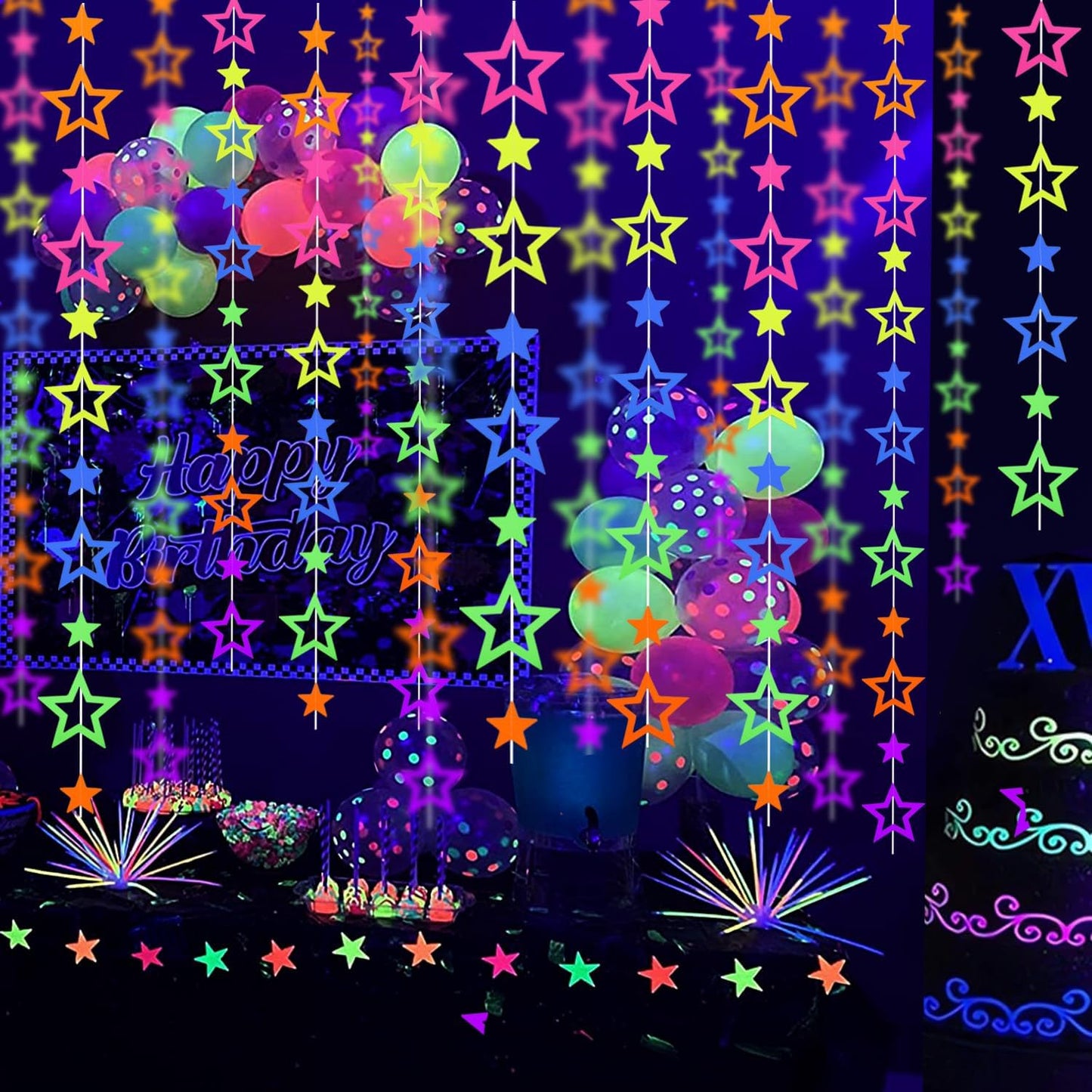 56 Pieces Rainbow Hanging Swirl Decorations Neon Swirl Streamers UV Neon Garland Ceiling Decorations Glow in The Dark Neon Party Supplies and Decorations Black Light Party Kit for Birthday Wedding