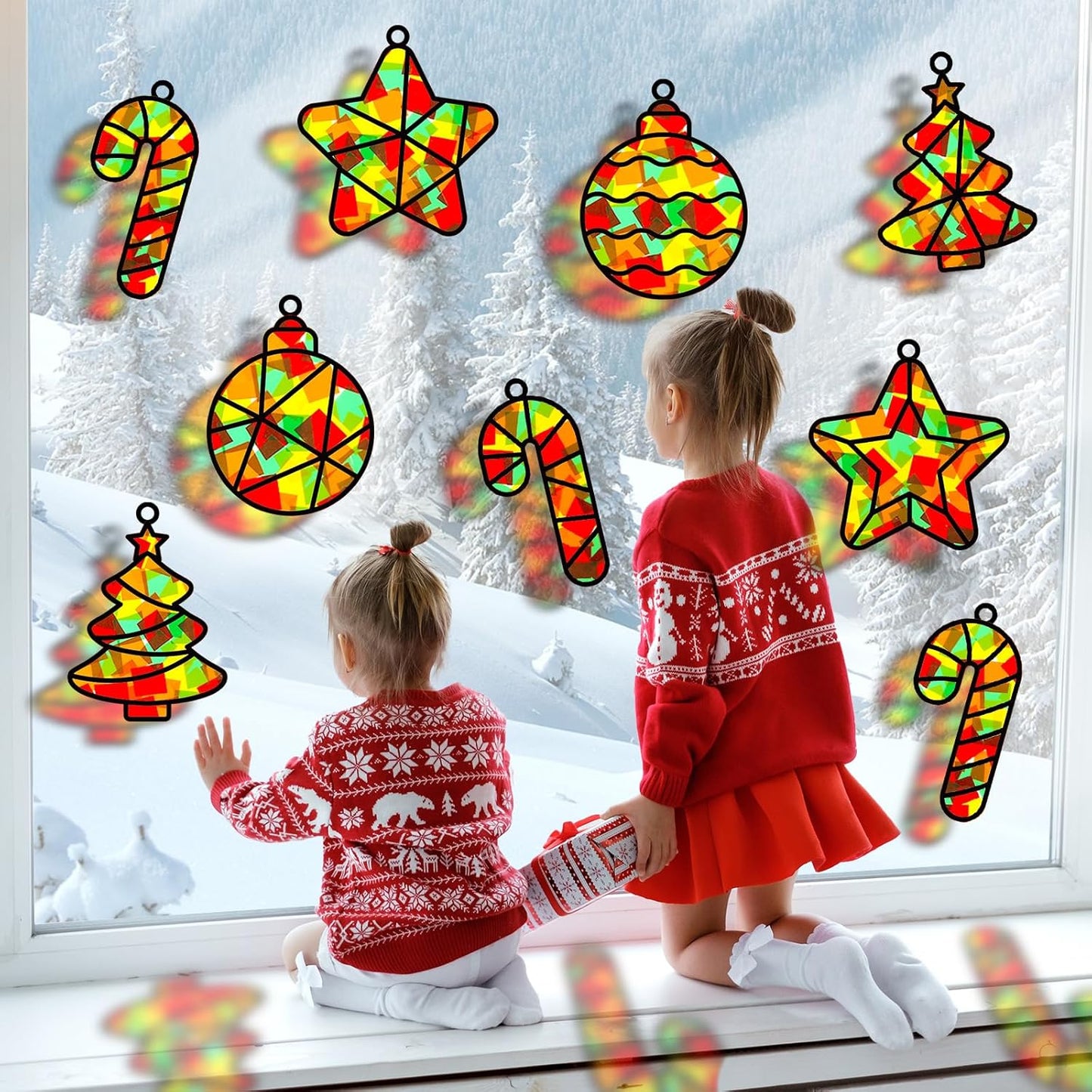 QOUBAI 32 Sets Stars Suncatchers Craft Back to School DIY Stained Glass Window Patriotic 4th of July Paper Craft Home School Classroom Decor Kid Birthday Gift Creative Art Activity Game - Colors A